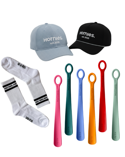 Two hats, two socks, and seven colorful tools on a white background with 'Hornies' branding.